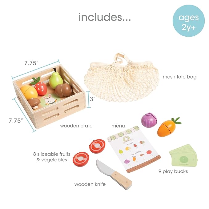 Pearhead Wooden Play Food Set – 21-Piece Pretend Kitchen Toy, Cutting Fruits & Veggies, FSC-Certified, Farmers Market with Play Money, Mesh Bag & Storage Crate, Boys and Girls, 2 3 4 Year Old