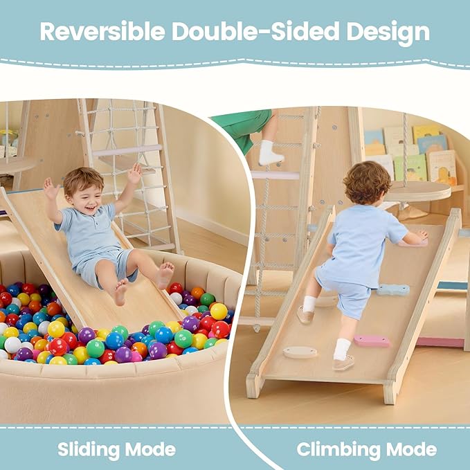 OLAKIDS Indoor Jungle Gym, 9 in 1 Wooden Montessori Baby Climbing Toys with Adjustable 2 Swings Ramp, Monkey Bar Basketball Hoop Ladder Climb Net (Natural)