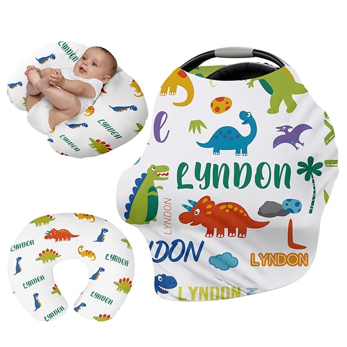 Personalised Car Seat Cover for Babies - Multi-use Carseat Canopy Cover with Name, White Dinosaur Print Car Seat Covers, Birthday Gifts for 0-2 Years Infant Boys and Girls(27"x29")