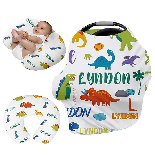 Personalised Car Seat Cover for Babies - Multi-use Carseat Canopy Cover with Name, White Dinosaur Print Car Seat Covers, Birthday Gifts for 0-2 Years Infant Boys and Girls(27"x29")
