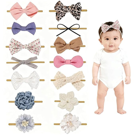 14 Pcs Baby Girl Headband Bows Soft Nylon Hairbands With Hair Bows Elastics Linen Handmade Toddler Hair Accessories For Girls Newborns Infants And Kids. (Flower Bows, Mid)