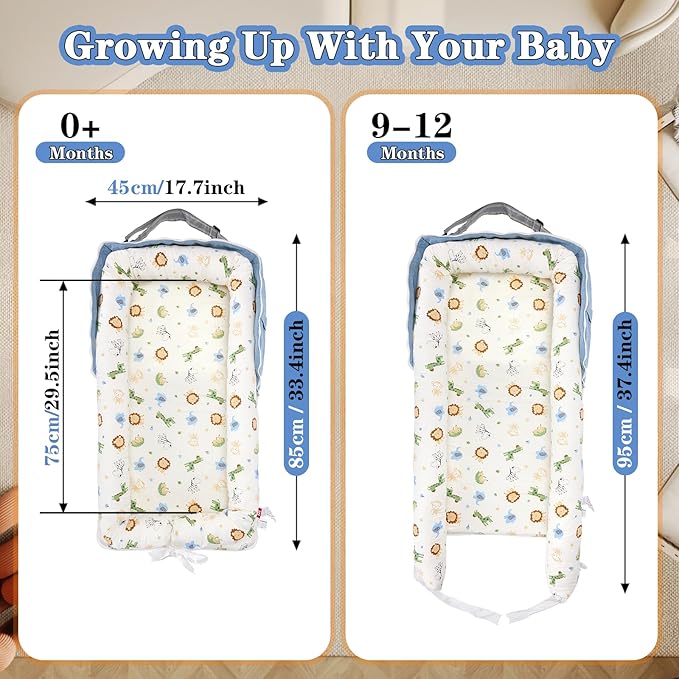 Baby Lounger for Newborn-Portable Baby Lounger 0-24 Months for Home and Travel,Newborn Loungers with Strap, Baby Nest Lounger Adjustable Size,Animal World Blue