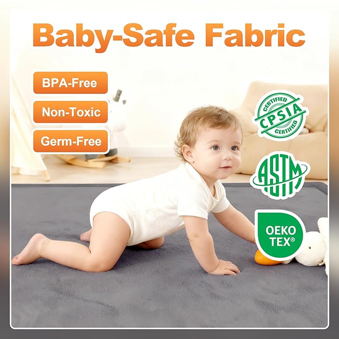 Ultra Soft Baby Play Mat for Floor, 59"×79" Playpen Mat, 1.3" Thick Memory Foam, Non-Slip Tummy Time Mat for Infants, Toddlers, and Kids – Water-Repellent Coral Velvet, Easy Care
