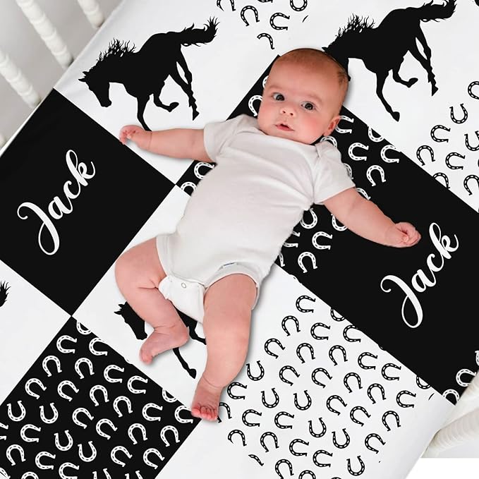 Personalized Pack and Play Sheets with Name, Custom Name Baby Mini Crib Sheets for Baby Boys Girls, Name Pack n Play, Fitted Sheet with Name, Soft and Breathable Material (Running Horse)