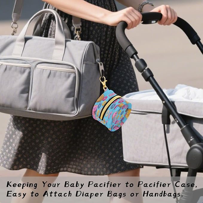 Pacifier Holder with Clip Pacifier Case for Diaper Bag Round Baby Pacifier Pouch Box Bag Portable Colorful Cartoon Donuts