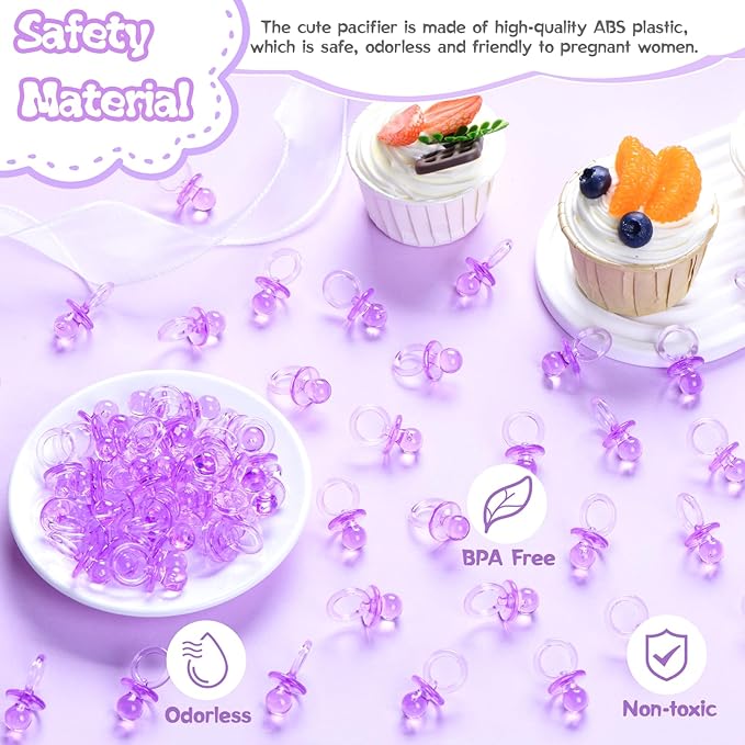 50 Pcs Mini Pacifiers Baby Shower Games Girl, 1.25 Inch Cute Baby Shower Pacifiers, Bulk Acrylic Pacifier for Party Table Scatter, Pacifier Hunt Game, Gender Reveal Decoration Party Favors(Purple)