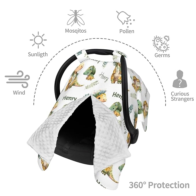Personalized Winter Carseat Cover for Baby Custom Name Dino Car Seat Canopy for Newborn Baby Boys Girls 2 in 1 Mom Nursing Breastfeeding Covers Dinosaur Minky Baby Carrier Stroller Covers