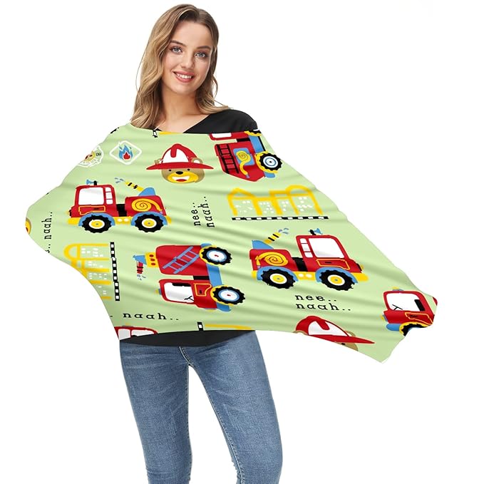 Baby Car Seat Stroller Covers Cartoon Fire Fighting Truck Nursing Cover Breastfeeding Scarf Soft Breathable Stretchy Coverage Carseat Canopy Cover for Boys and Girls Soft Breathable Multi Use