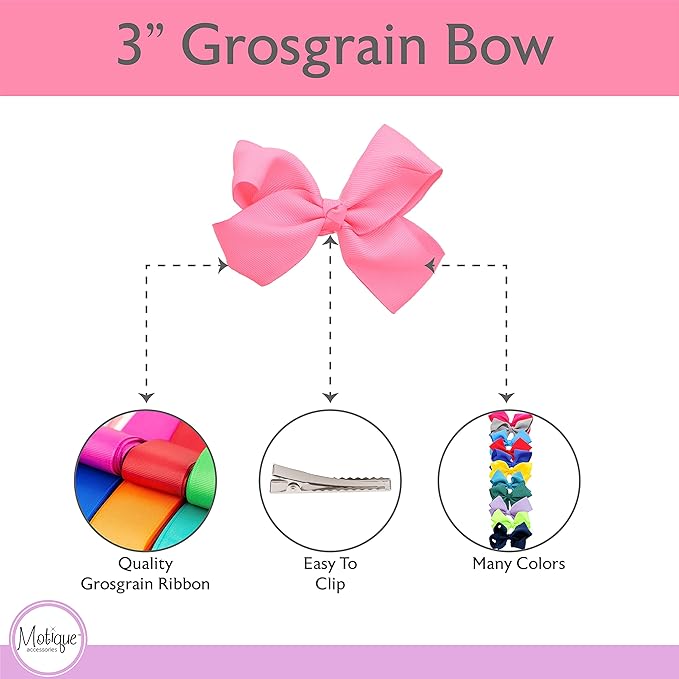 3 Inch Grosgrain Bow for Little Girls- Set of 2 (Neon Pink)