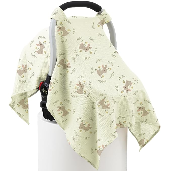 100% Muslin Cotton Car Seat Cover Baby, Carseat Canopy Cover, Universal Fit Stroller Covers for Boys and Girls (Cute Rabbit)