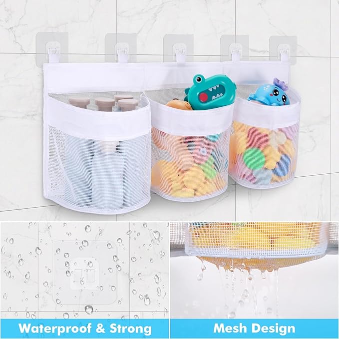 Bath Toy Storage Organizer, 3 Compartment Bath Toy Holder for Tubs, Large Capacity & Quick-Drying Mesh - 5 Strong Adhesive Hooks for Easy Access