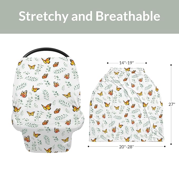 Butterflies Green Leaves Baby Car Seat Covers Spring Garden Stretchy 5-in-1 Cover Adjustable Car Canopy Cover Boho Greenery Breathable Nursing Cover-Up