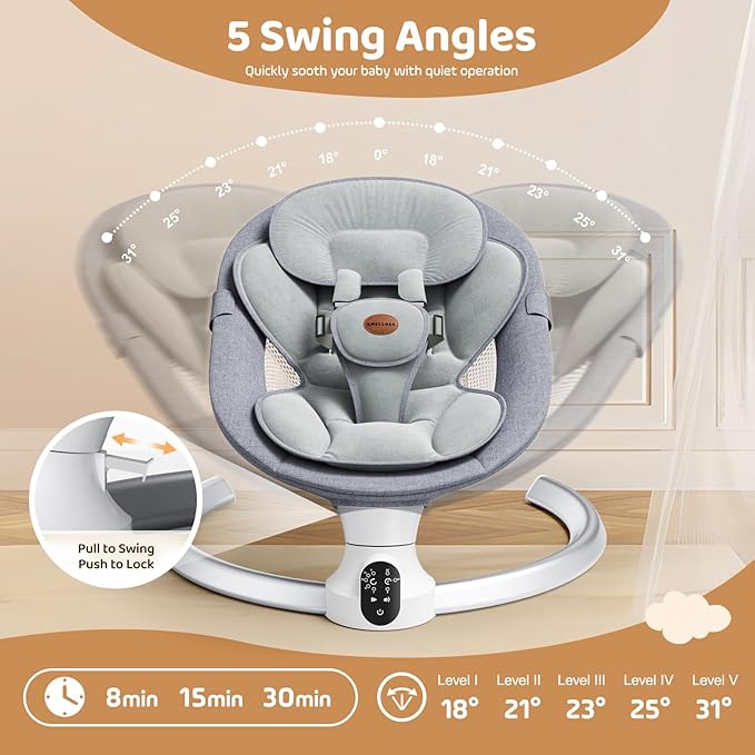 Baby Swings for Infants - Exclusive App & Bluetooth Function, Electric Baby Swing with 5 Point Harness & 5 Sway Speeds, 10 Preset Lullabies, Portable Infant Swing for Indoor/Outdoor (Light Gray)