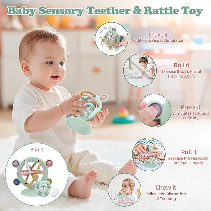 TYRY.HU Silicone Baby Teething Toys for Babies 0-6 6-12 Months, Multi Purpose High Chair Toys, Baby Suction Table Toys, Teething Relief Chew Toy, Sensory Rattle Toy with Textures for Infants, Green