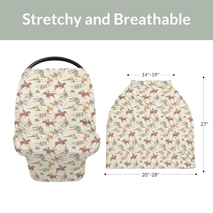 Vintage Western Cowboy Baby Car Seat Covers Retro Cowboy Horse Plant Stretchy 5-in-1 Cover Adjustable Infant Carseat Canopy Cover Wild Desert Country Breathable Nursing Cover-Up