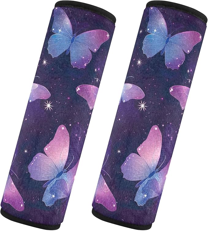 CHIFIGNO Pack of 2 Purple Butterflies and Stars Seat Belt Cover Pad Cute Seat Belt Strap Cover Car Seat Shoulder Protector for Car Bag