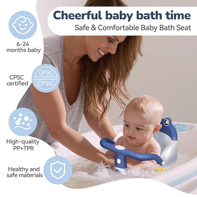 Baby Bath Seat for Babies 6 Months & Up - One-Handed Snap-On Armrest Baby Bath Chair | 4 Suction Cup Non-Slip Baby Bathtub Seat with Storage Bag | Ergonomic Infant Bath Seats for Baby Sitting Up Blue