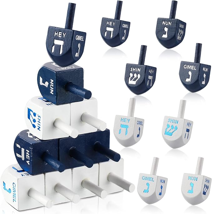 Jenaai 50 Pieces Purim Wooden Dreidel White Blue Natural Wood Dreidels for Passover Party Decorations Projects Crafts Family Fun (1.6 Inch)