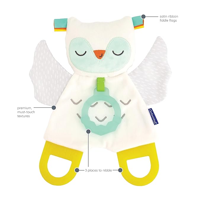 Infantino Glow-in-the Dark Cuddly Teether - Owl Soft Toy with 3 Textured Teethers, Fiddle Flags, Crinkle Sounds, Soft Material, On the Go Toy