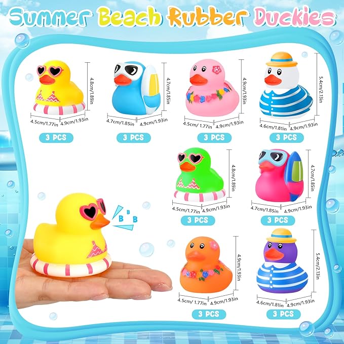 Honoson 24 Pcs Summer Beach Rubber Duckies Bulk Mini Rubber Duck Bath Toys Float Bathtub Ducky Cute Squeaky Ducky for Classroom Carnival Summer Birthday Baby Shower Party Favor (8 Colors)