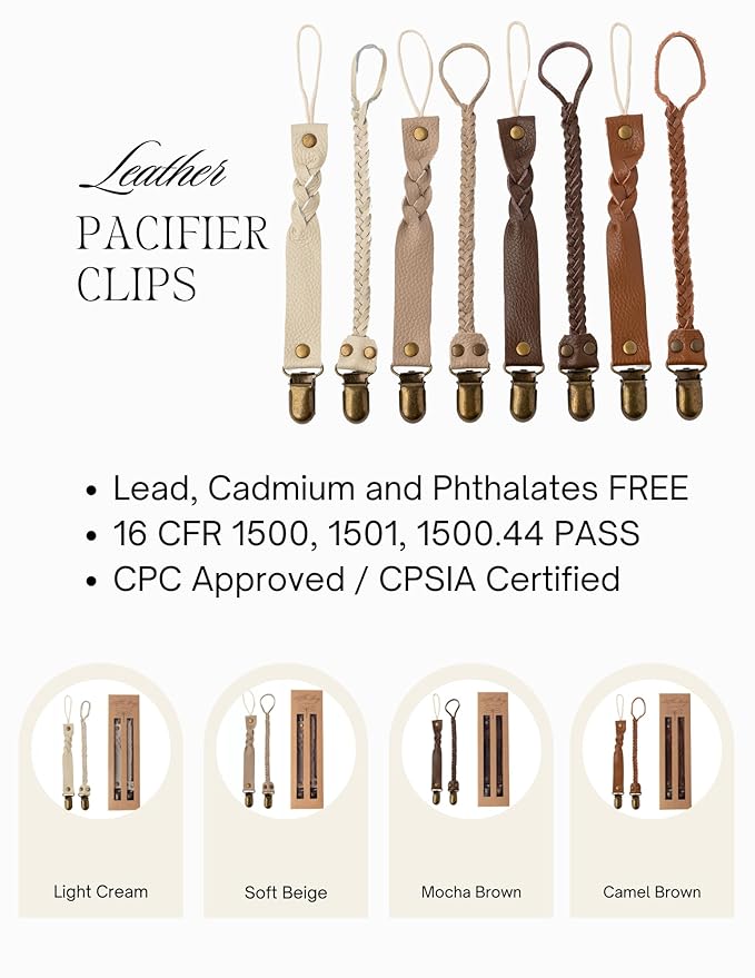 Little Bug Boutique 2-Pack Leather Baby Pacifier Clips - Neutral Pacifier Holders for Baby Girls & Boys, Paci & Binky Clips or Strap for Toys & Teethers (Light Cream), Pacifier NOT Included