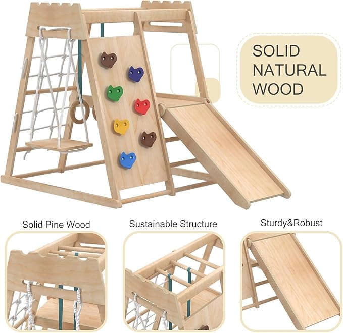 8-in-1 Indoor Playground, Indoor Jungle Gym for Toddlers, Kids Climbing Toys Indoor, Wooden Montessori Climber Playset with Swing, Slide, Monkey Bar, Wood Ladder, Climbing Net,Gymnastic Rings