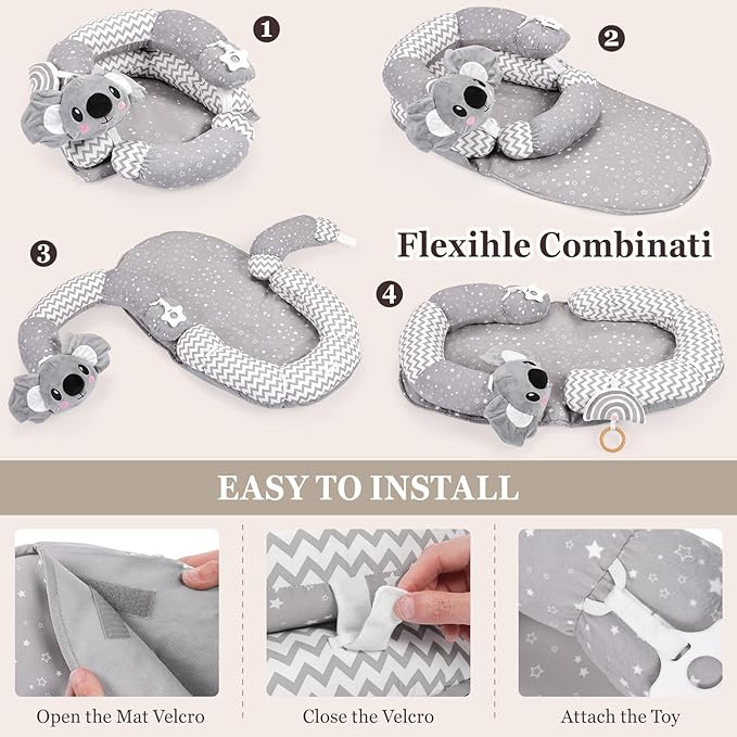 4 in 1 Tummy Time Mat with Educational Cards, Play Mat & Sitting Support for Newborn 0-12 Months, Infant Baby Sit Me Up Floor Seat, Sensory Skills Gifts, Koala