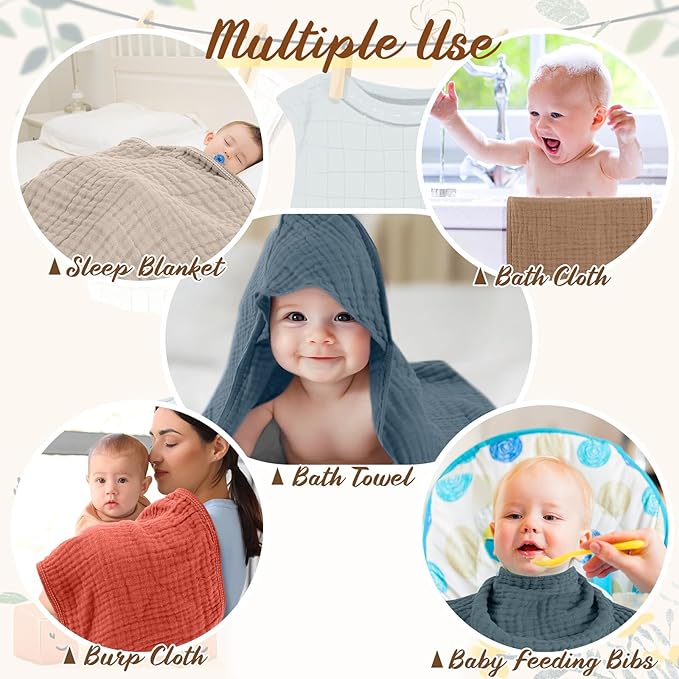 VitalCozy 12 Pcs Baby Muslin Hooded Bath Towels and Washcloths Muslin Cotton Hooded Baby Towels Absorbent Blankets for Gift Newborn Infant Shower (32 x 32 Inch,Colorful)