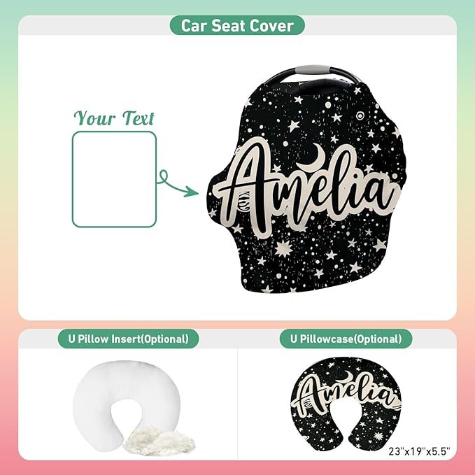 Custom Name Car Seat Canopy - Baby Car Seat Covers, Infant Stroller Cover, Black Pattern Carseat Canopy Christmas Birthday Gifts for Girls and Boys