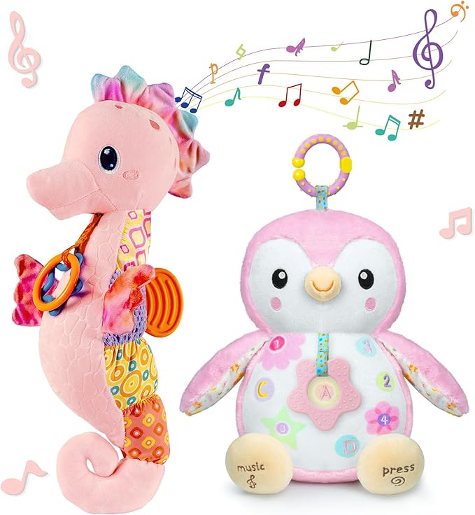 Fuzqq Seahorse & Penguin Baby Toys，Infant Musical Stuffed Animals