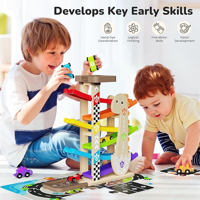 Wooden Car Ramp Set for Toddlers 1-3 Years Old Montessori Race Track Toy with 8 Mini Cars, Garage & Parking Lot, Educational Learning Toys First Birthday Baby Gifts for Boys & Girls 2-4 Year Old Kids