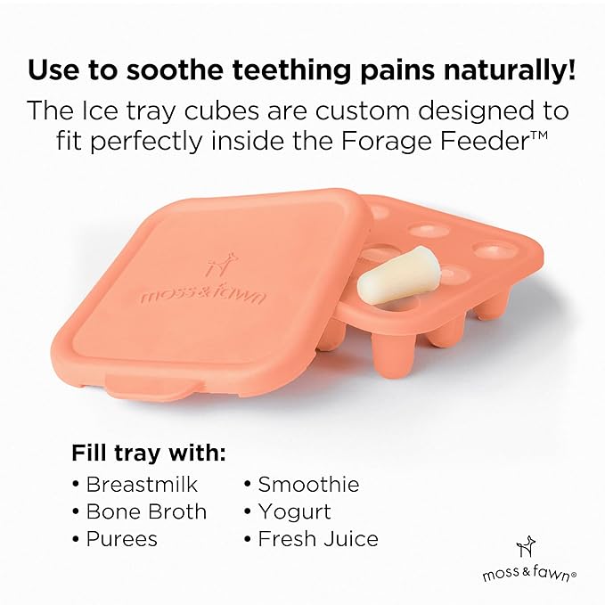 Moss and Fawn Baby's First Bites Bundle - Silicone Frozen Breast Milk Popsicle Kit with Forage Feeder & Teething Popsicle Ice Cube Tray - BPA, PVC, & Lead-Free - Bloom