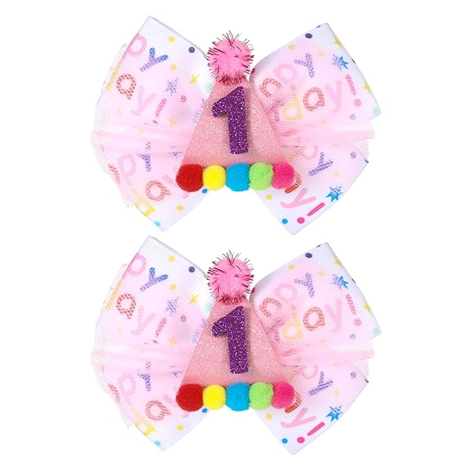 2Pcs Birthday Hair Bow for Baby Girls 1 2 3 4 5 7 Years Bow Sprinkles Decorations Confetti Ice Cream Birthday Party Decorations Pink Toddler Hair Clips Accessories for Girls(One)