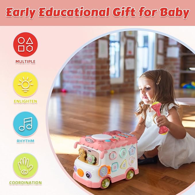 Montessori Toy for 1+ Year Old Girls, 10-in-1 Musical Learning Bus Baby Toys for 12-18 Months Present, Educational Developmental Sensory Toy, First Birthday Gifts for 1 Year Old Girl Toddlers