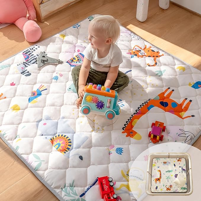 Sinhaklóho 50" x50" Foldable Thicker Foam Baby Play Mat for Playpens & Floors - Soft, Non-Slip & Odor-Free Crawling Mat for Infants & Toddlers, Machine Washable, Safari Adventure Design