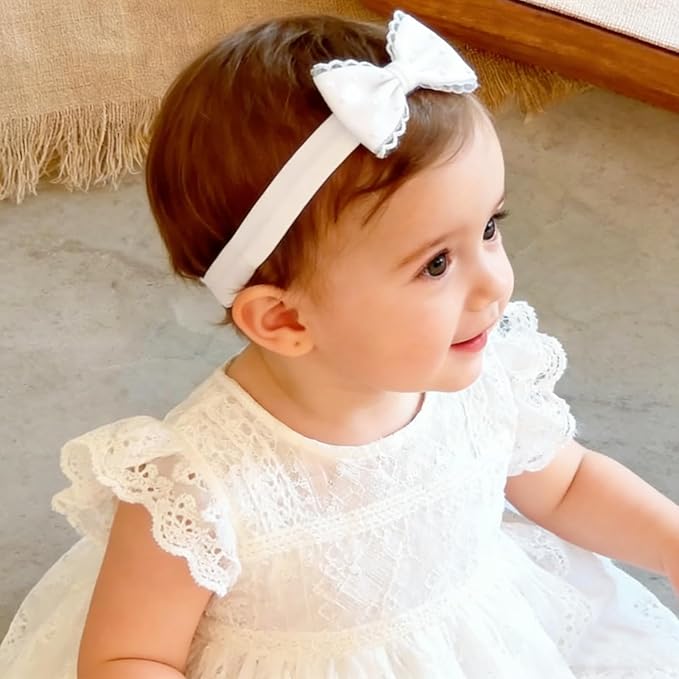 Baby Girls Headband White Bow Lace Headbands Soft Elastic Bowknot Hairbands Cute Hair Accessory for Newborn Kids Infant Toddler Baptism Birthday Party (Bow C)