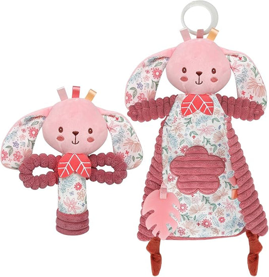 GKDOMS Baby Lovey Rabbit Stuffed Animal for Infant Boys and Girls, Security Blanket and Hand Shaker Set Newborn Stuffed Hanging Animal Plush Snuggle Toy Baby Showers Thank You Gifts