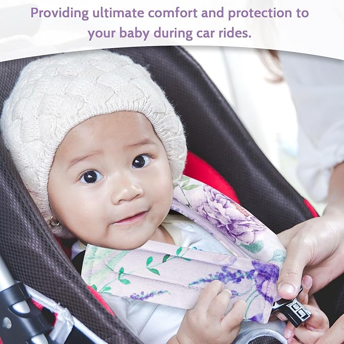 Carseat Strap Covers for Babies, Soft Seatbelt Covers for Kids, Reversible Baby Car Seat Strap Covers, Size: 6.5 x 6.5 inch, for Baby Car Seat, Stroller, Swing, High Chair, Purple Flower