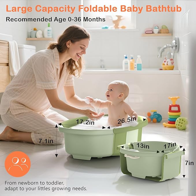 Collapsible Baby Bathtub - Large Baby Bath Tub with Thermometer & Cushion | Travel Portable Newborn Infant Bathtub | Foldable Toddler Bathtub for Baby 0 to 36 Months (Green)