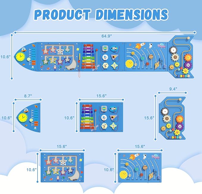 Spacocld Rocket Activity Wall Busy Board Panels - Sensory Wall Panel for Kids, Montessori Toddler Wall Activity Board, Wall Toys for Toddlers 3, Activity Cube, Wooden Multi-Activity Boards, Blue(5PCS)