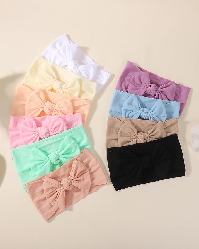 jollybows 10PCS Baby Girl Nylon Headbands Elastic Soft Turban Hair Bows Candy-Color Baby Hair Accessories for Toddlers and Infants