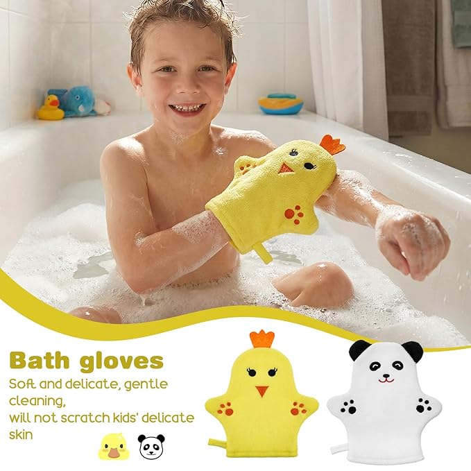 2PCS Baby Bath Mitt Washcloths Gloves Panda Chicken Toddler Soft Washcloths for Kids Designed in Cute Animal Towel Gentle Scrub for Baby Girl Boy Bath Shower