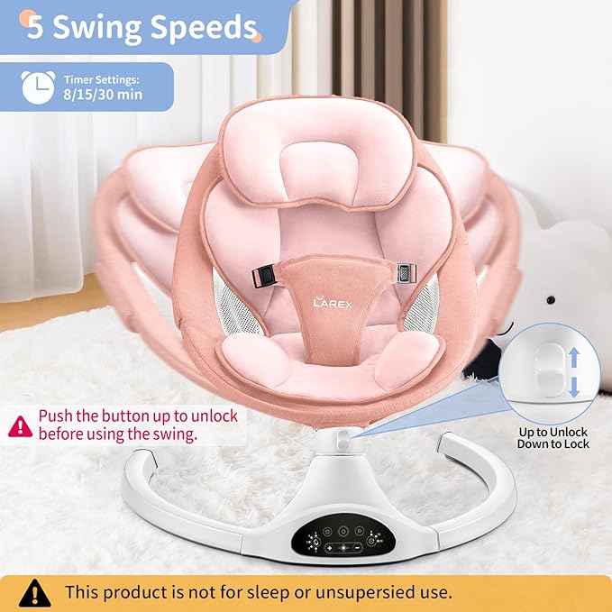 LAREX Baby Swing Infant Swing Electric Toddler Baby Rocker Portable for Newborn Boy Girl, 5 Sway Speeds with Remote Control, 10 Preset Melodies and Bluetooth, 0-6 Months Max 20 Lbs (Pink)
