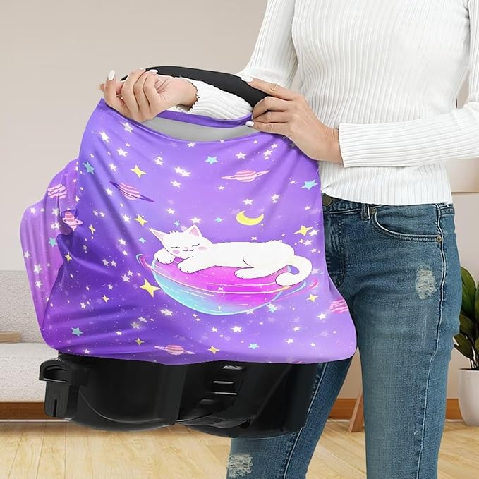 GIFTPUZZ White Cat Baby Car Seat Cover, Breastfeeding Scarf, Nursing Cover Stretchy Breathable Adjustable Infant Newborn Car Cover Protection, Infant Stroller Covers, Carseat Canopy