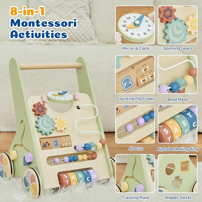 Wooden Baby Walker with Activity Center, Baby Push Walker for 1 Year Old Boys & Girls, Montessori Learning Walking Toy with Wheels, Toddler Push Toy with Storage Box 12 Months+