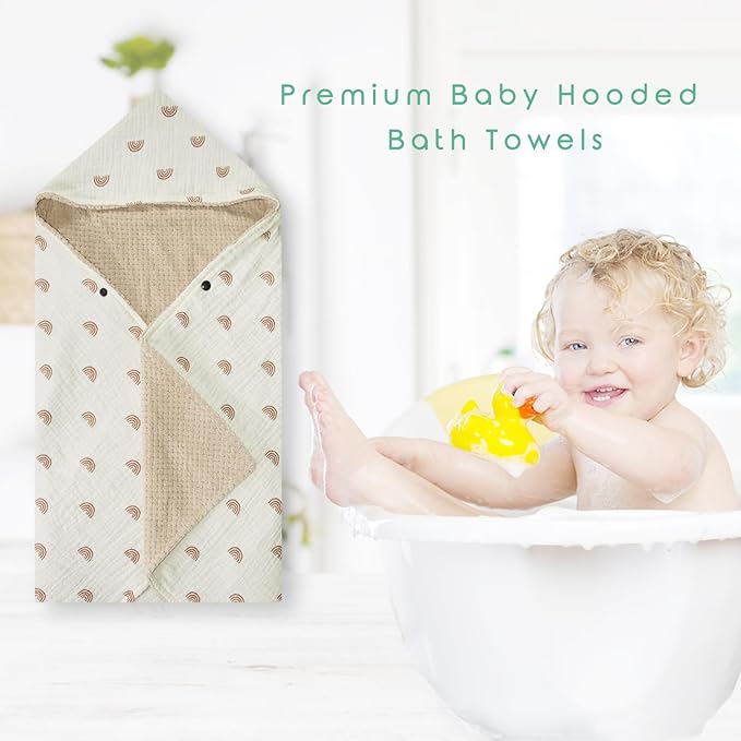 Organic Cotton Baby Bath Towel with Ultra Soft Muslin and Absorbent Flannel Lining Hooded Baby Towel, Breathable, and Perfect for Boys and Girls, (30x30 inches, Rainbow Pattern)
