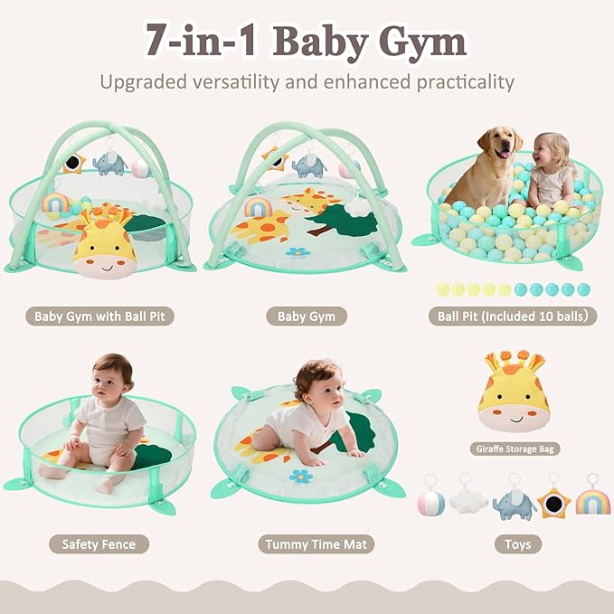 7-in-1 XL Large Baby Play Gym Mat, Tummy Time Mat, Baby Gym & Ball Pit, Baby Activity Mat with Milestone Cards & 6 Detachable Toys for Sensory Motor Skill, Giraffe
