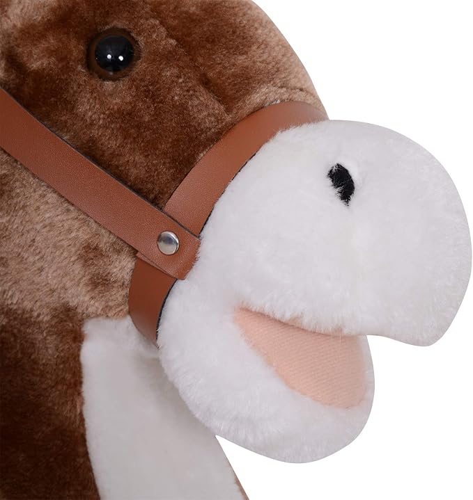 Qaba Kids Rocking Horse, Ride on Horse for Toddlers with Soft Plush Body, Wooden Base & Handle Grip for 3+ Year Old Boys and Girls, Brown