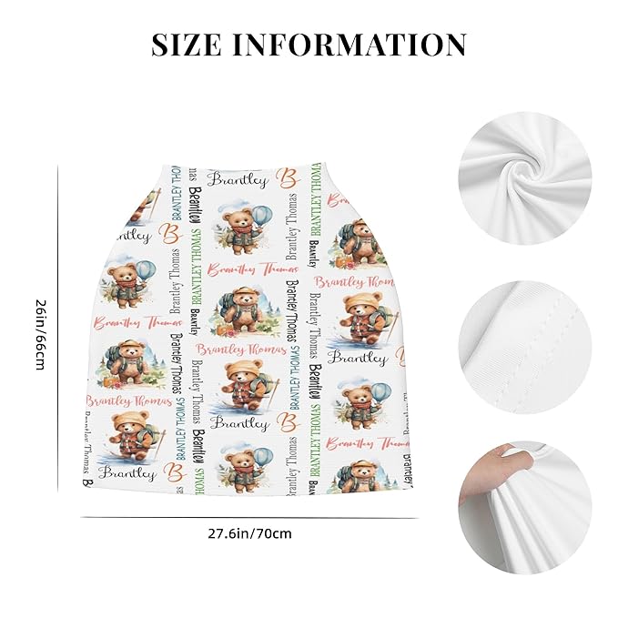 Personalized Baby Car Seat Covers for Babies, Custom Bear Nursing Breastfeeding Carseat Canopy with Name, Infant Stroller Covers for Newborn Girls Boys, Breathable Carseat Cover