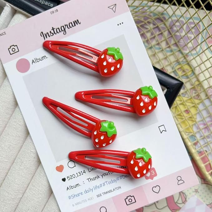 Strawberry Snap Clips Baby Girls Fruit Hair Bow Clips Strawberry Hair Ring Tie BBW24 (6 Pcs-C4)